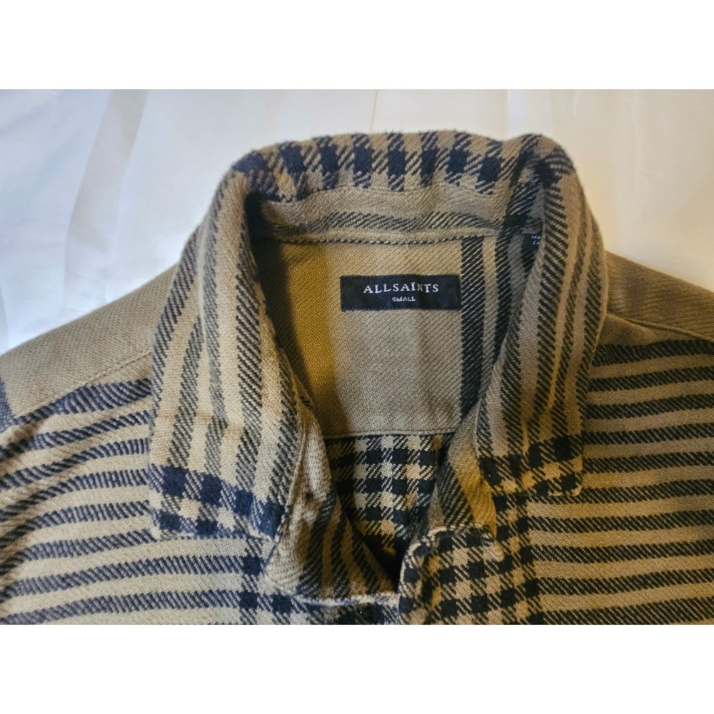 AllSaints Mens Olive Green Black Plaid Long Sleeve Button Down Shirt Small